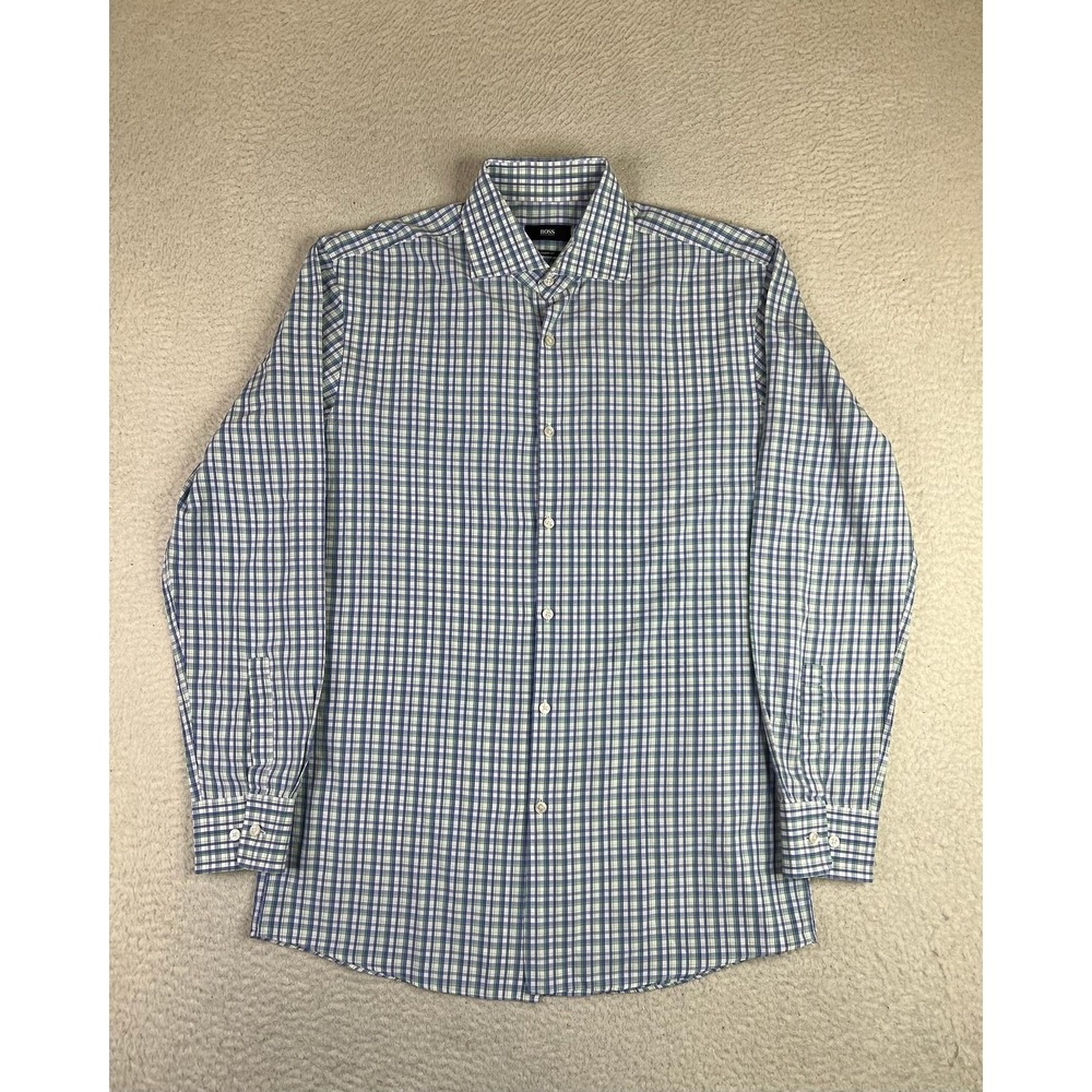 BOSS Hugo Boss Mens 16 34/35 Blue Green Check Sharp Fit Cotton Dress Shirt